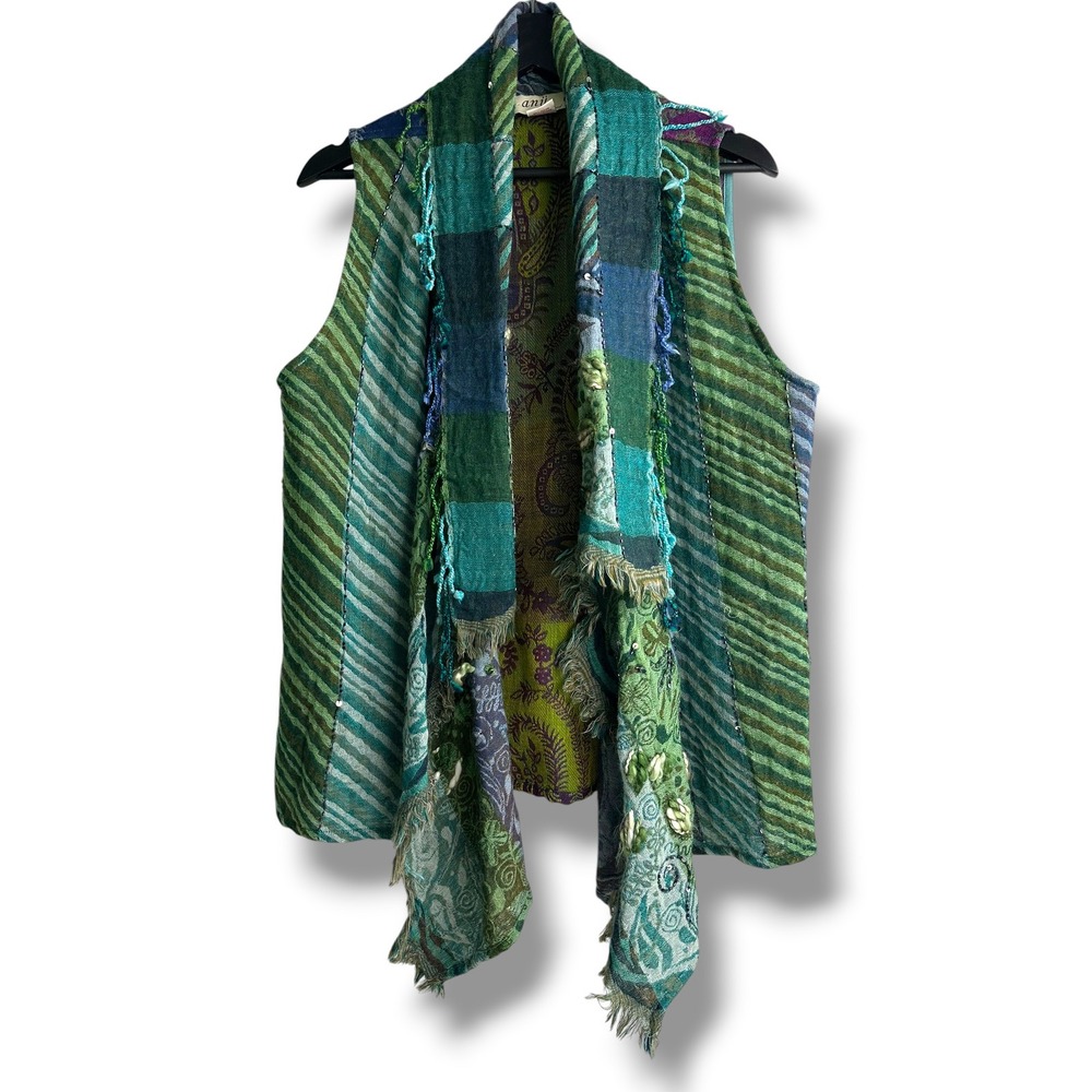 Anu by Natural Women Small Wool Paisley Patchwork Beaded Boho Draped Vest Green